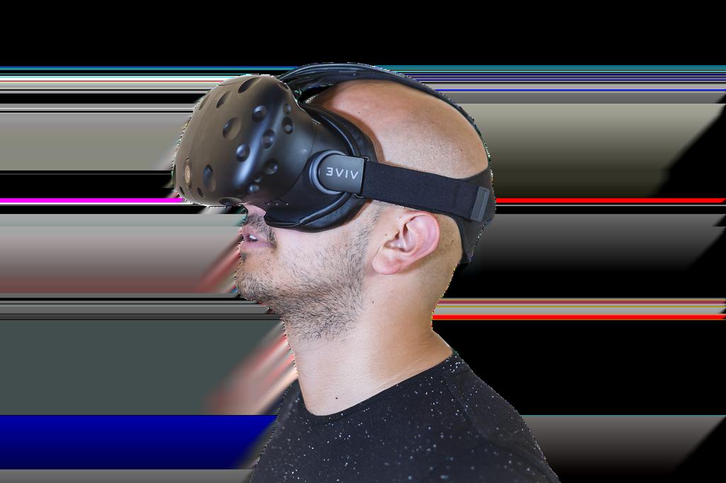 Person wearing VR headset interacting with digital elements